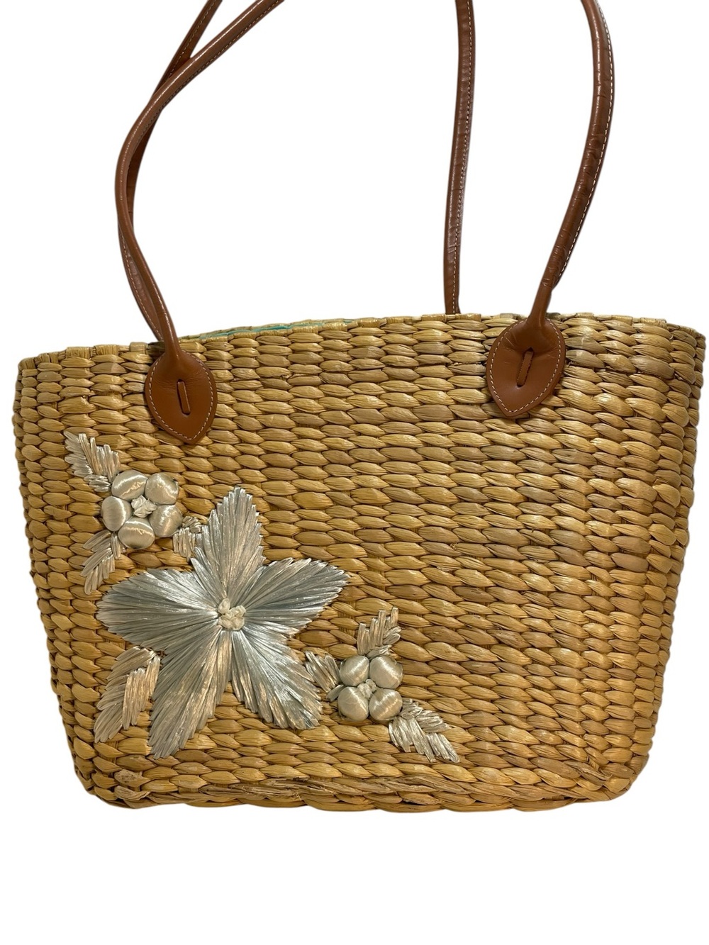 Lilly Pulitzer Vintage Y2K Natural Straw Woven Tote Raffia Floral Accents Lined